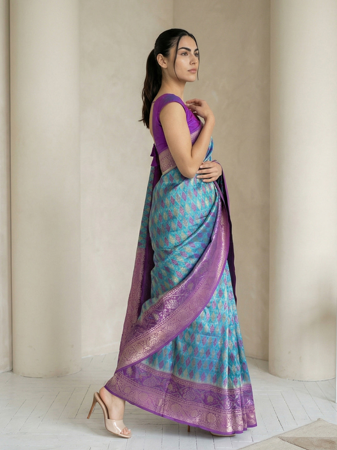 Sky Blue Soft Ikkat Patola Silk Geometric Ikkat Weaves Saree