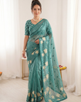 Dark Blue Soft Oris Silk with Floral Applique Work Saree