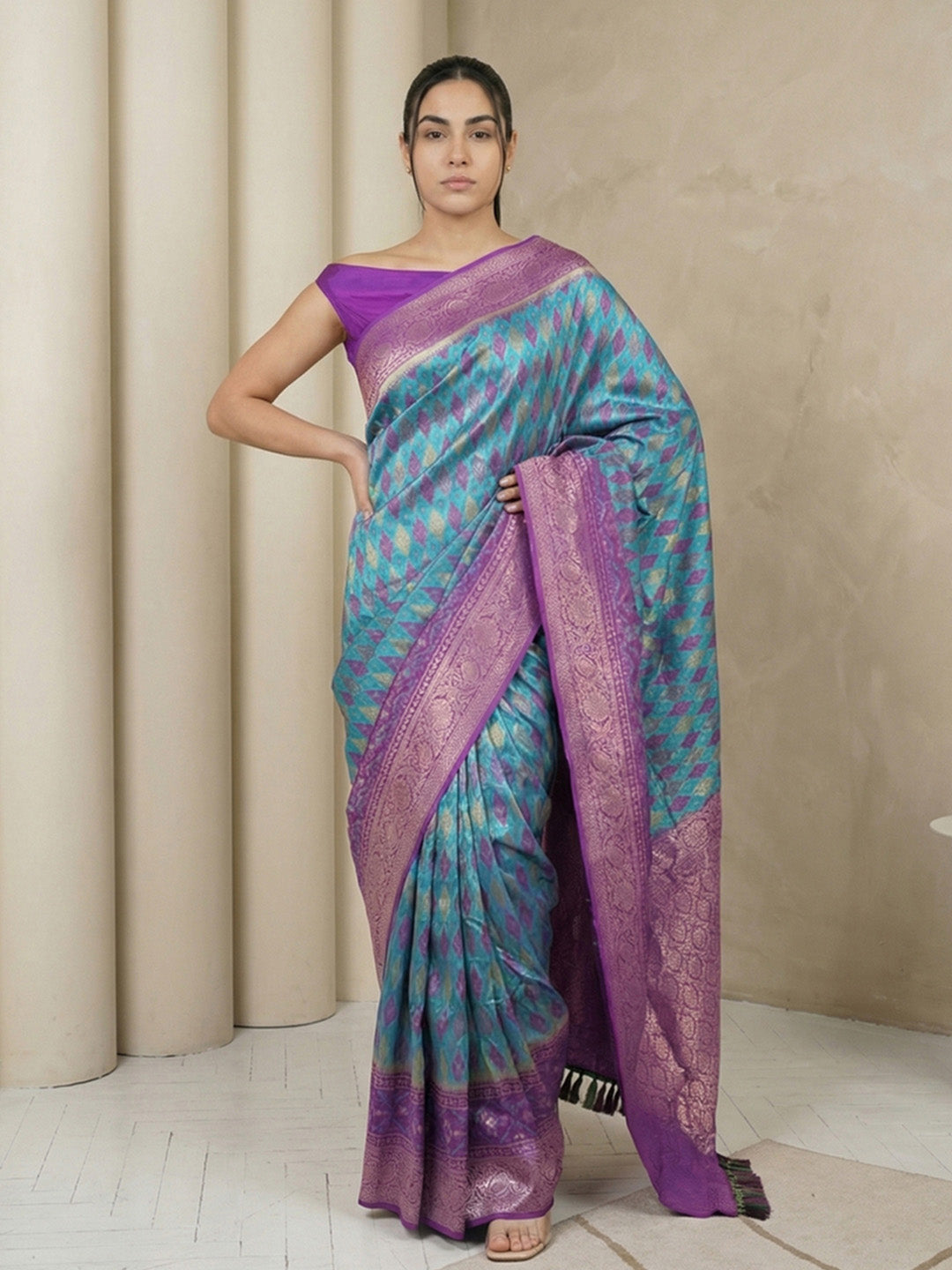 Sky Blue Soft Ikkat Patola Silk Geometric Ikkat Weaves Saree
