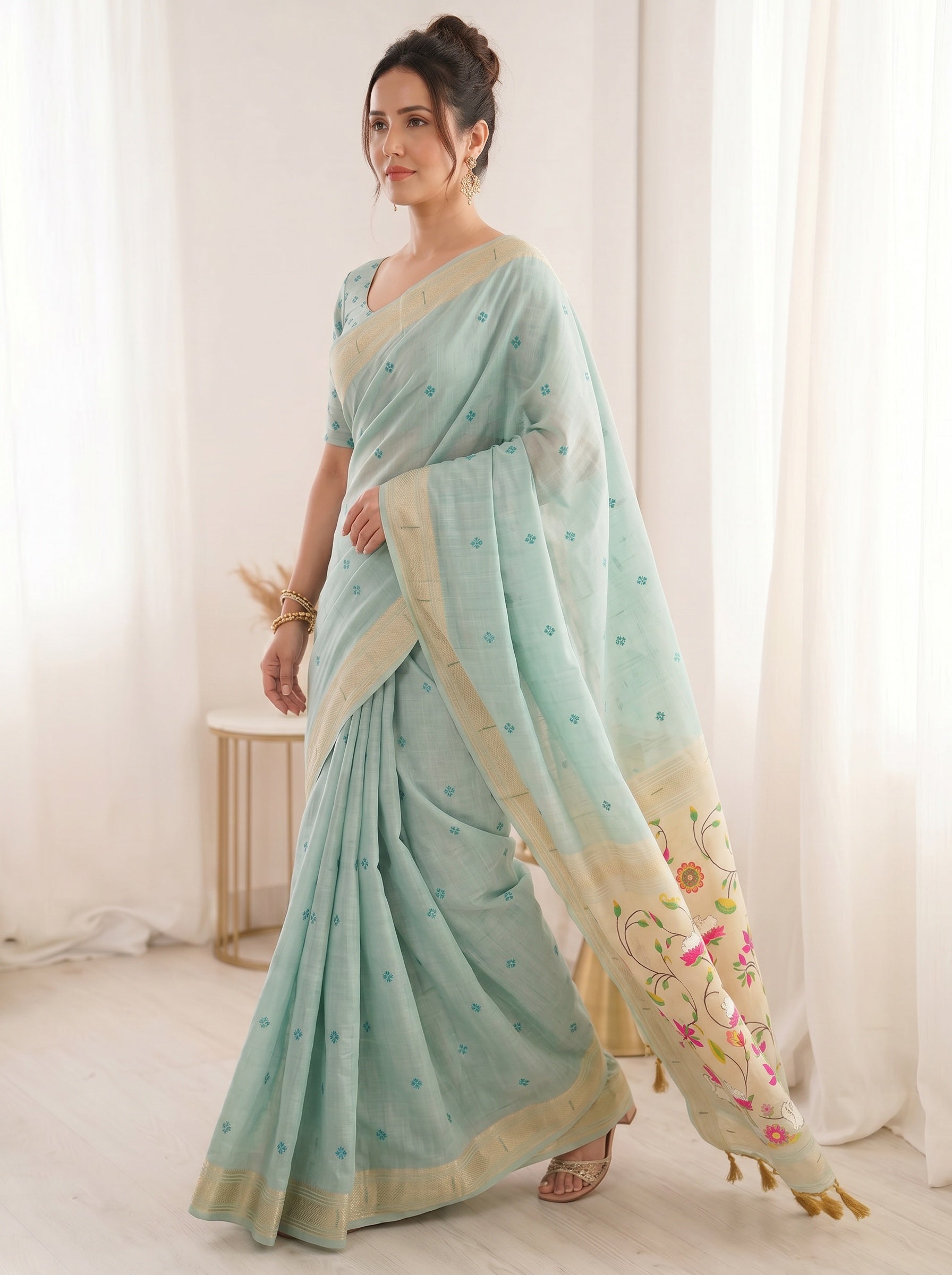 Sky Blue Soft Linen Cotton Paithani Saree with Meenakari Pichwai Lotus Pallu