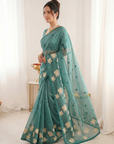 Dark Blue Soft Oris Silk with Floral Applique Work Saree