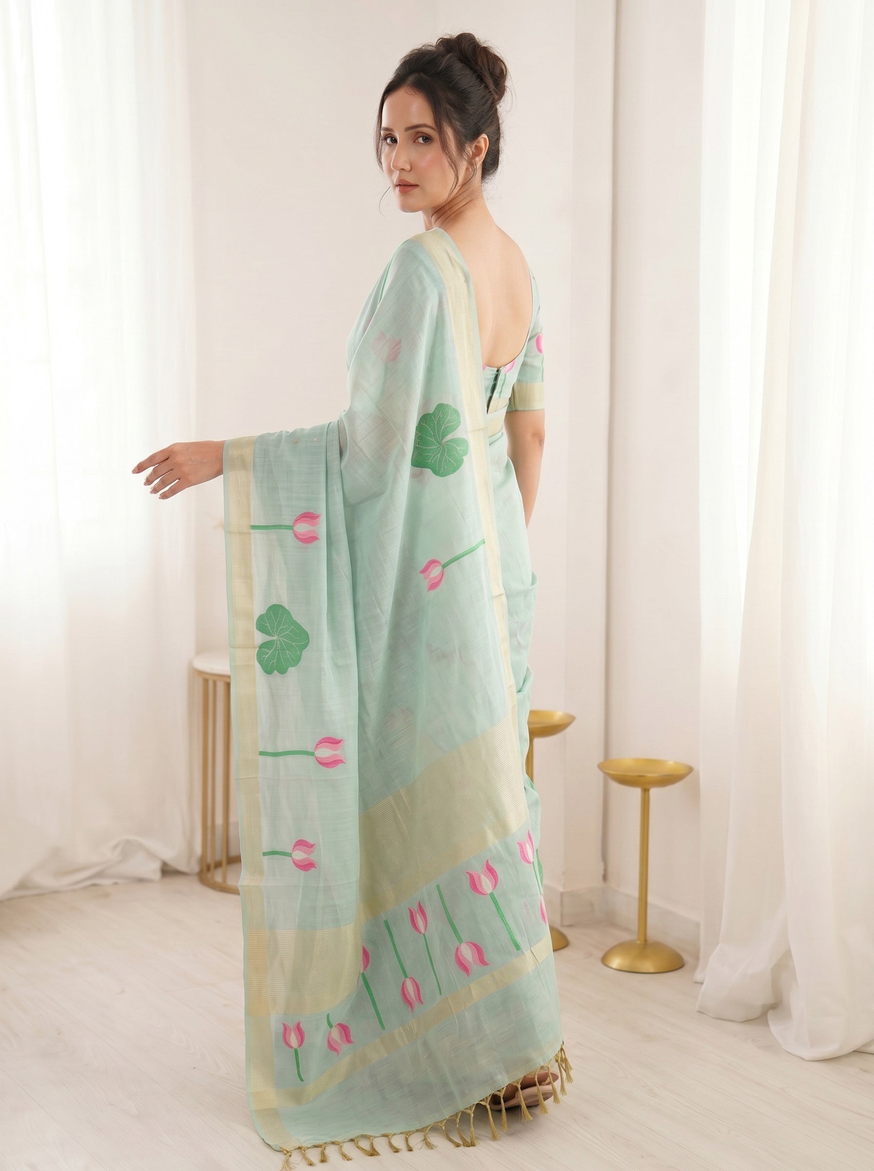 Sky Blue Premium Soft Linen Cotton with Lotus &amp; Leafs Pattern Saree