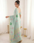 Sky Blue Premium Soft Linen Cotton with Lotus & Leafs Pattern Saree