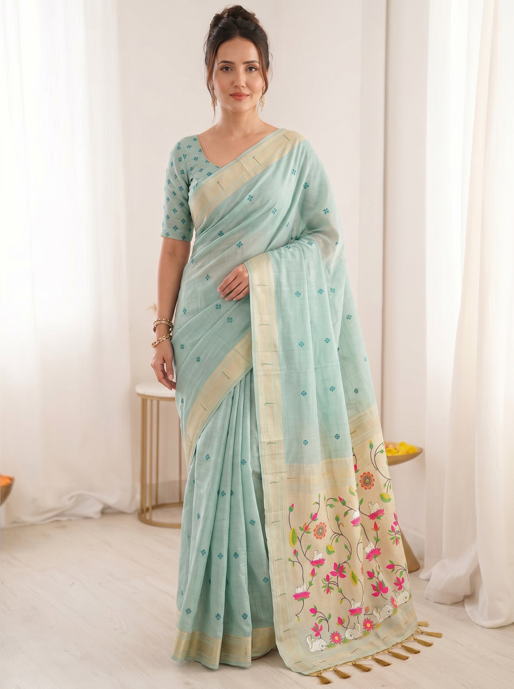 Sky Blue Soft Linen Cotton Paithani Saree with Meenakari Pichwai Lotus Pallu