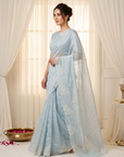 Sky Blue Soft Raspberry Crush Silk Saree with Chikankari Work