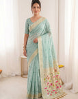 Sky Blue Soft Linen Cotton Paithani Saree with Meenakari Pichwai Lotus Pallu