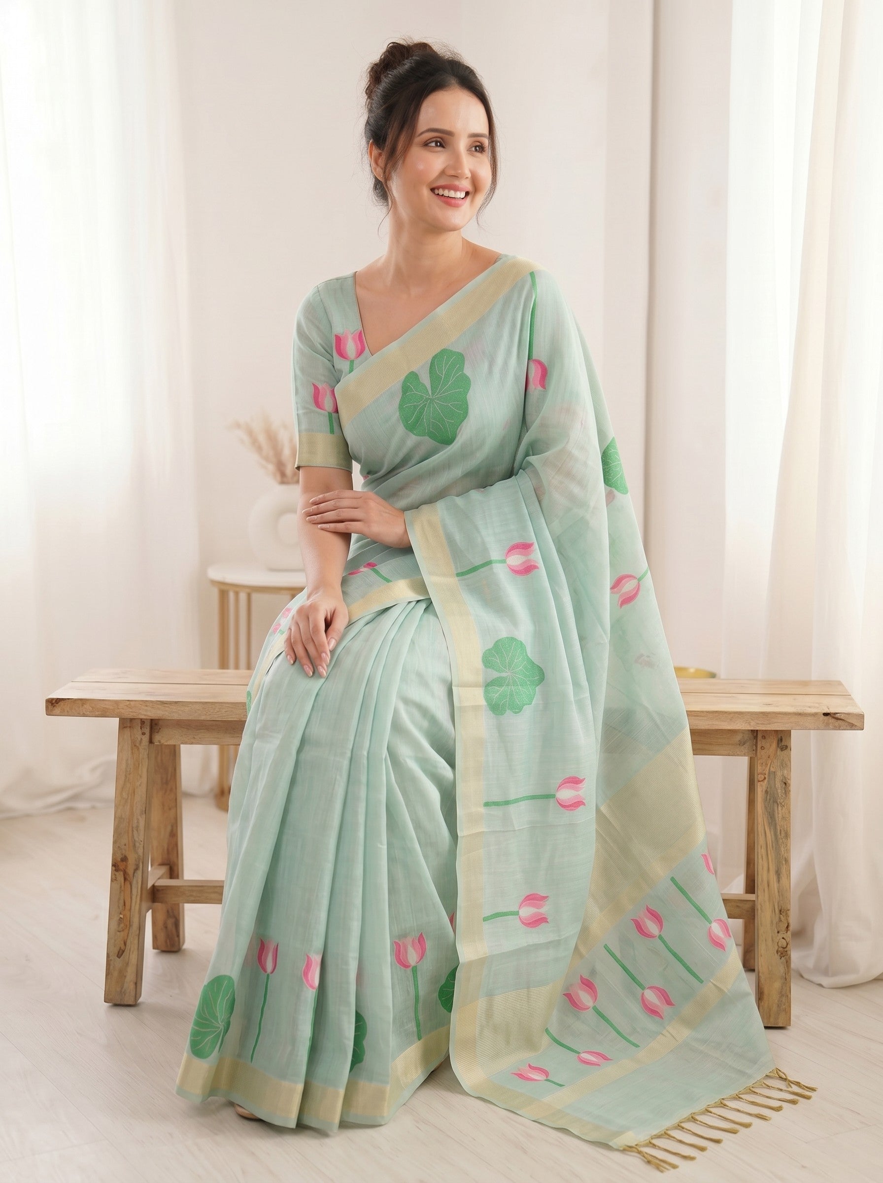 Sky Blue Premium Soft Linen Cotton with Lotus &amp; Leafs Pattern Saree