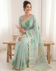 Sky Blue Premium Soft Linen Cotton with Lotus & Leafs Pattern Saree