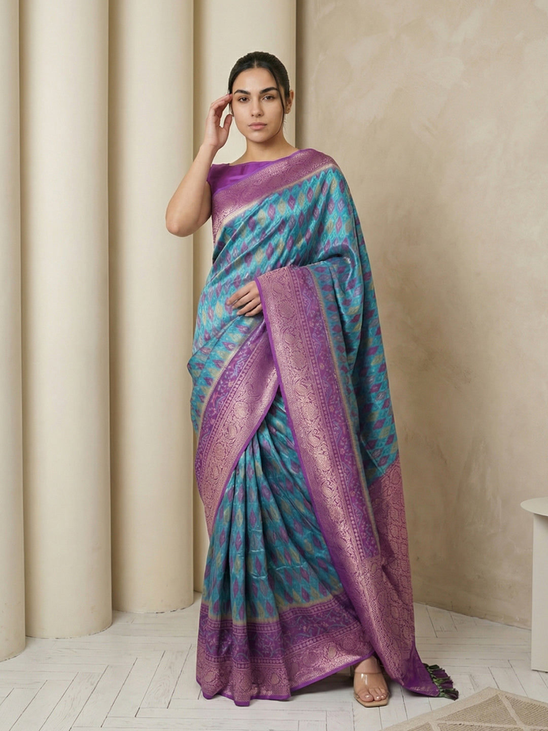 Sky Blue Soft Ikkat Patola Silk Geometric Ikkat Weaves Saree