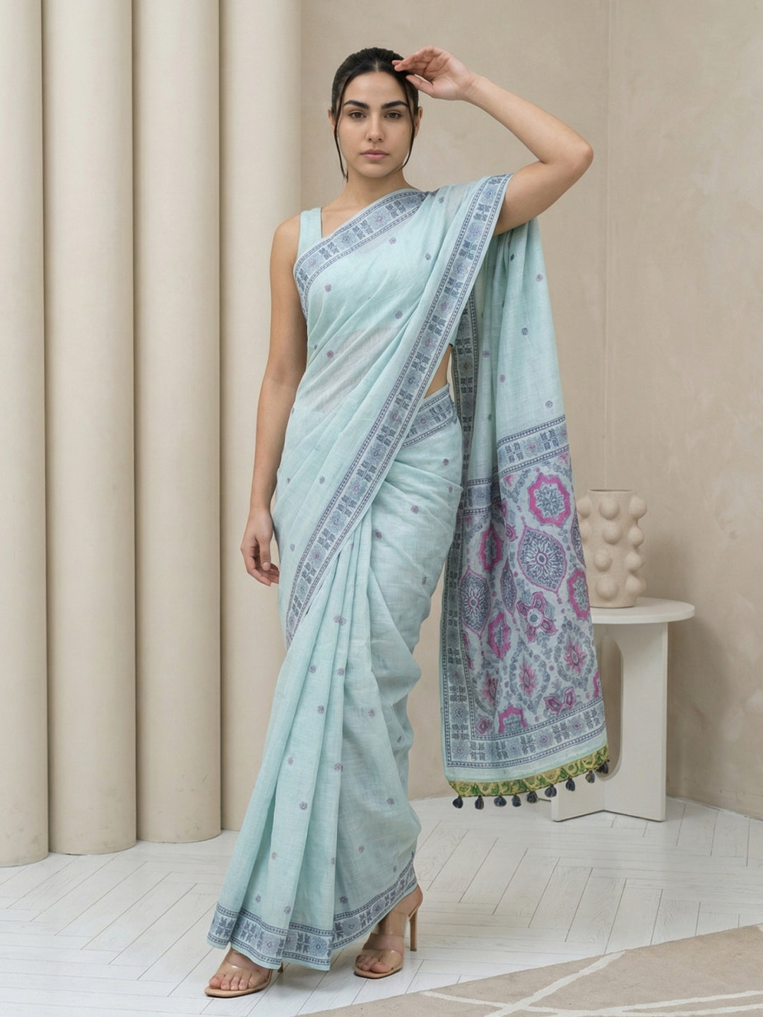 Sky Blue Soft Muga Cotton with Handblock Kalamakri Pattern Saree