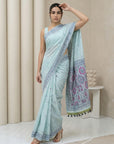 Sky Blue Soft Muga Cotton with Handblock Kalamakri Pattern Saree