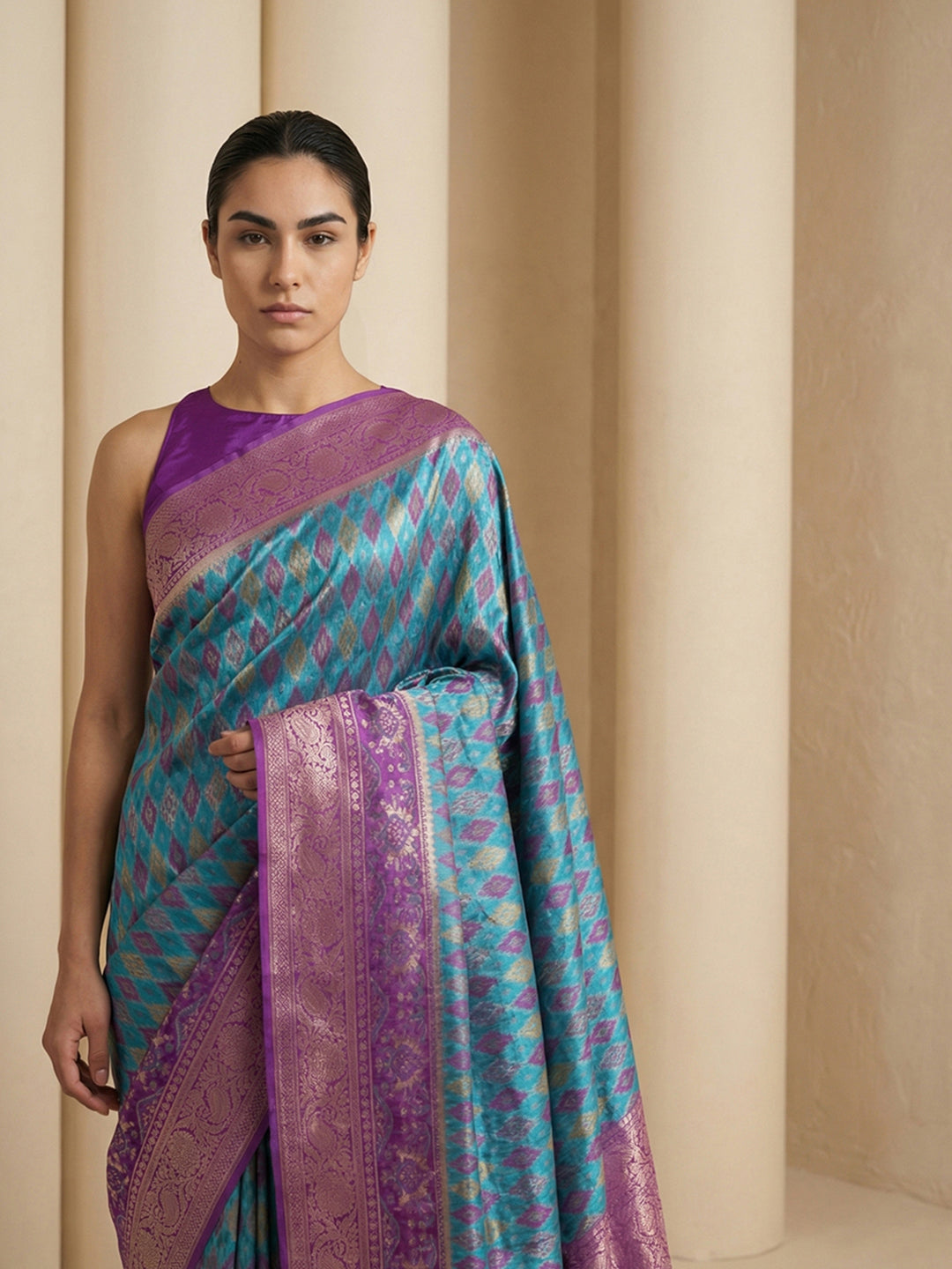 Sky Blue Soft Ikkat Patola Silk Geometric Ikkat Weaves Saree
