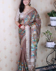 Brown Soft Tussar Silk with Floral & Birds Printed and Zari Border Saree