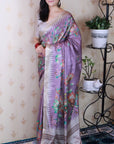 Lavender Soft Tussar Silk with Floral & Birds Printed and Zari Border Saree