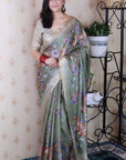 Dusty Green Soft Tussar Silk with Floral & Birds Printed and Zari Border Saree