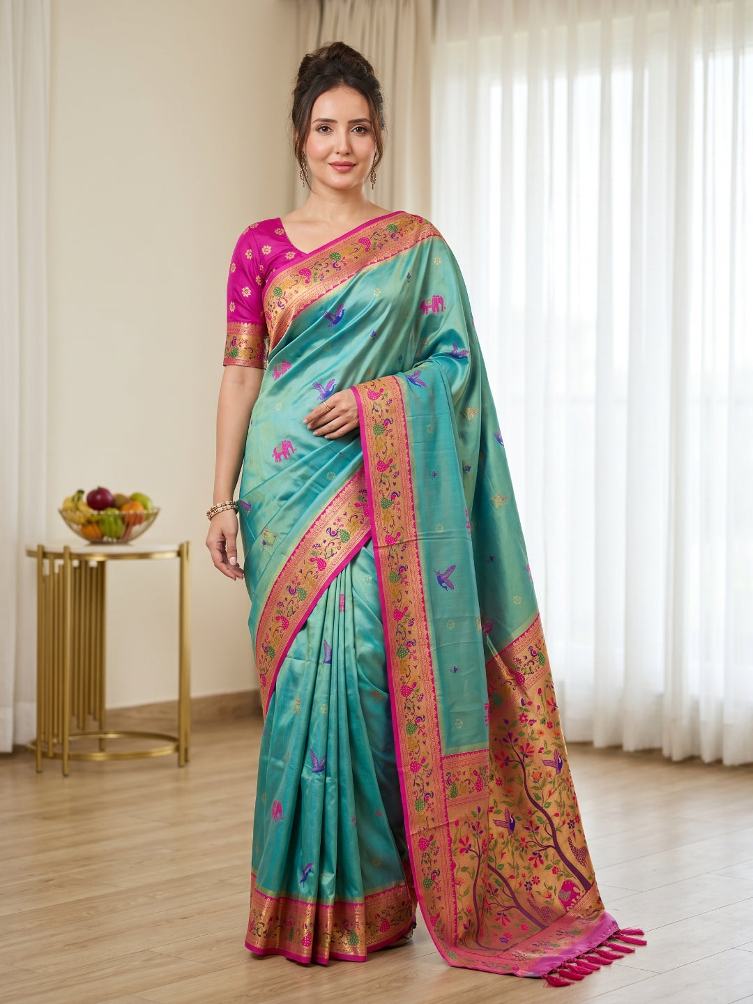 Sky Blue Premium Soft Bamboo Tissue Paithani Silk Saree