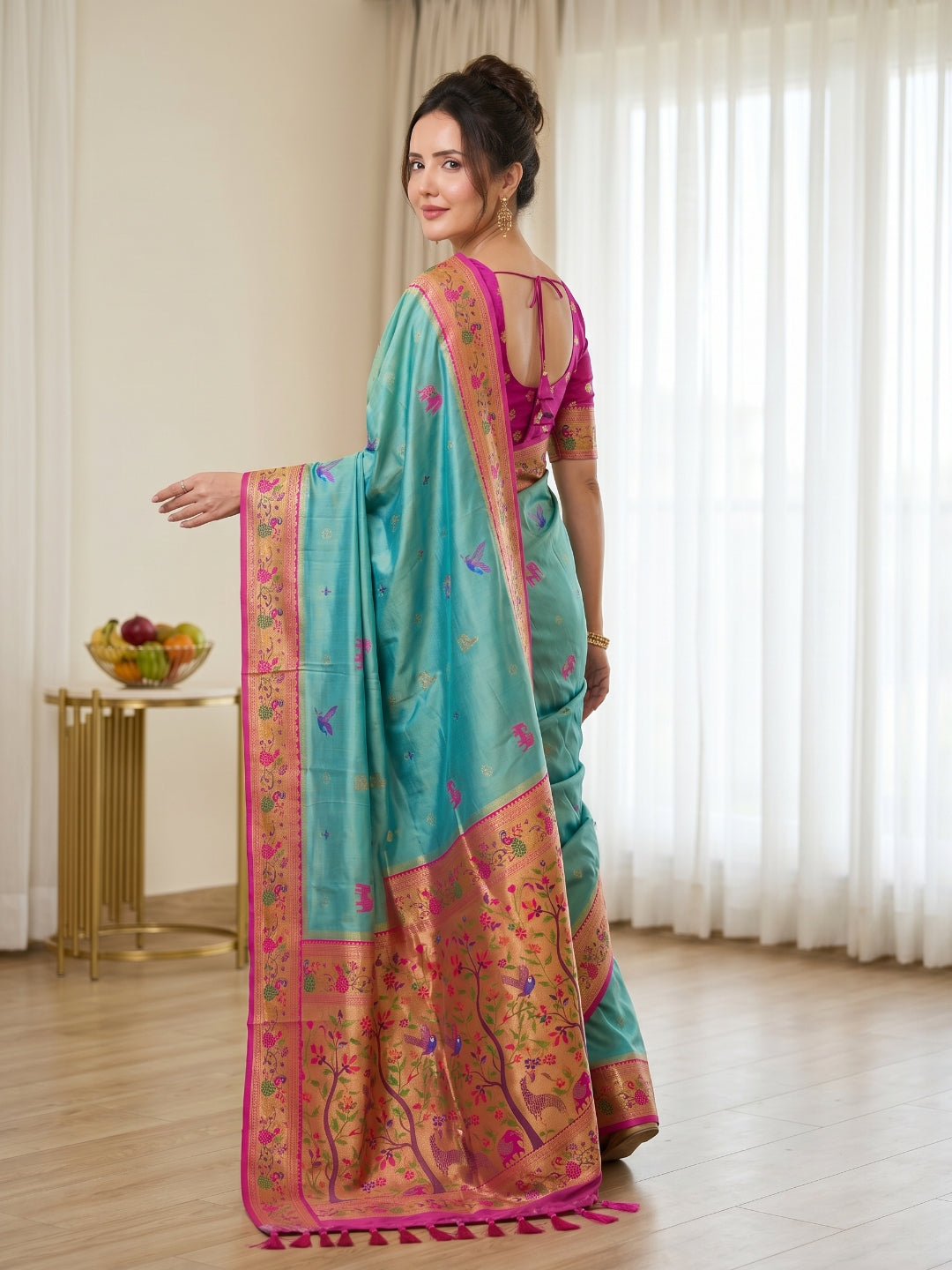 Sky Blue Premium Soft Bamboo Tissue Paithani Silk Saree