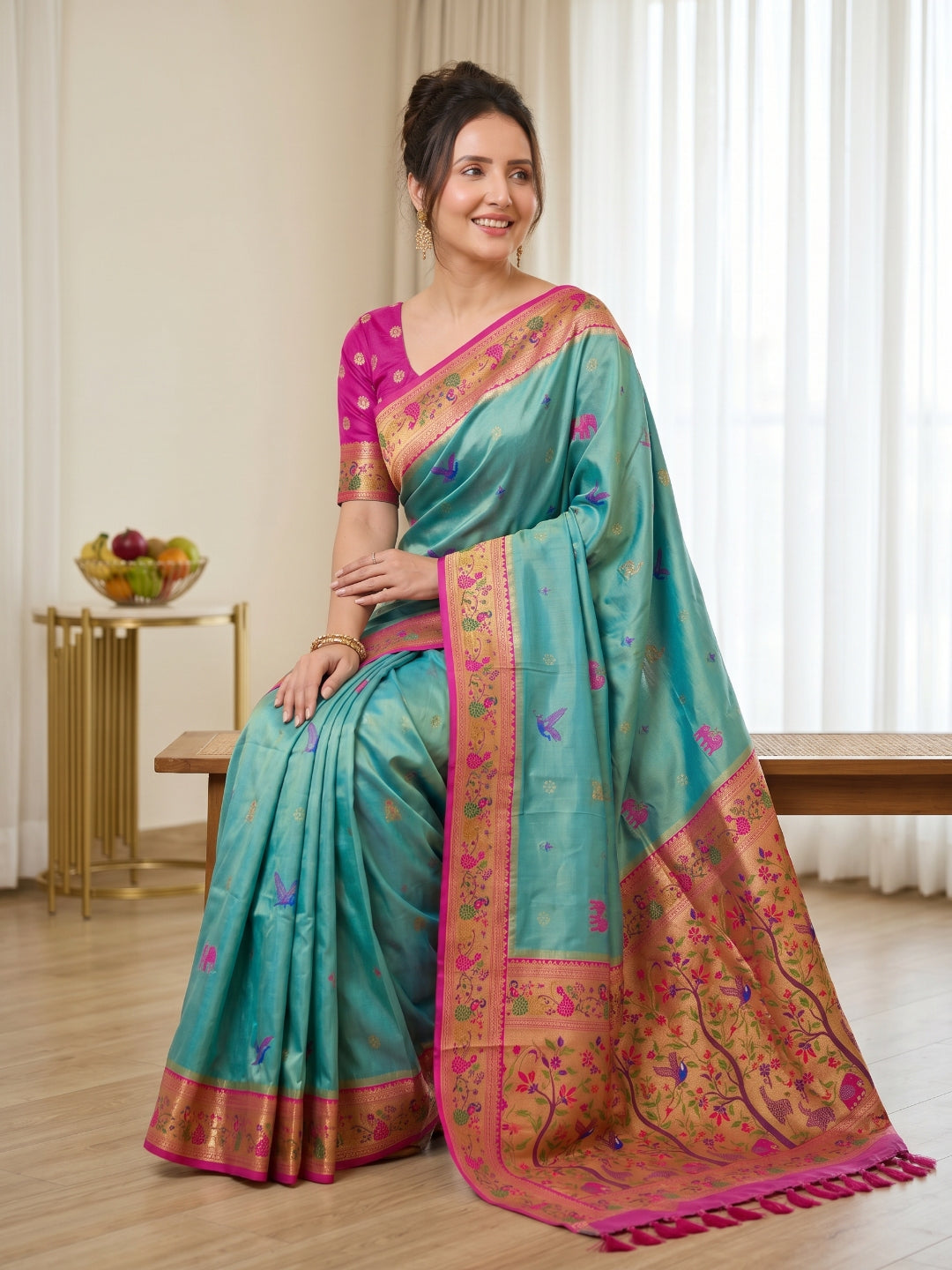 Sky Blue Premium Soft Bamboo Tissue Paithani Silk Saree