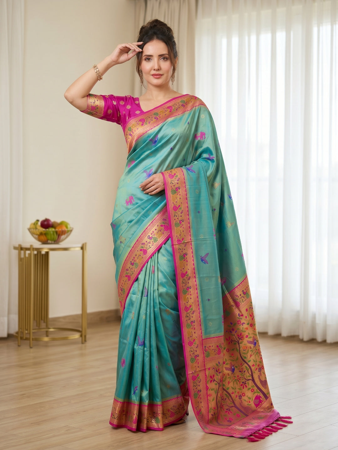 Sky Blue Premium Soft Bamboo Tissue Paithani Silk Saree