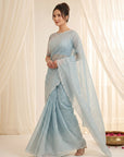 Sky Blue Crush Organza Silk Saree with Embroidery Stripe Pattern