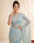 Sky Blue Crush Organza Silk Saree with Embroidery Stripe Pattern