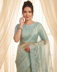 Sky Blue Organza Silk Saree with Sequins Embroidery Work Saree