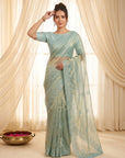Sky Blue Organza Silk Saree with Sequins Embroidery Work Saree