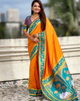 Orange Soft Traditional Silk Saree with Zari Woven Cow Motifs and Pichwai Pallu