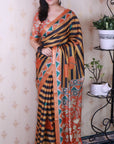 Orange Tussar Silk Striped Printed Saree with Contrast Zari Border