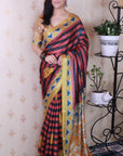 Red Tussar Silk Striped Printed Saree with Contrast Zari Border