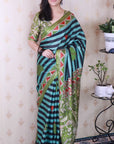 Sky Blue Tussar Silk Striped Printed Saree with Contrast Zari Border