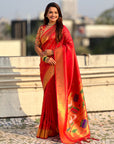 Red Tissue Paithani Silk Zari Woven Brocade Saree