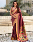 Wine Tissue Paithani Silk Zari Woven Brocade Saree
