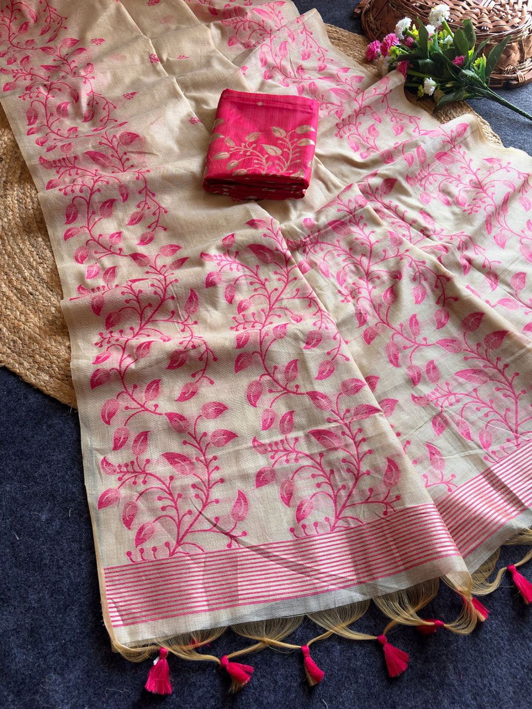 Pink Premium Soft Matka Cotton with Jamdani Concept Saree