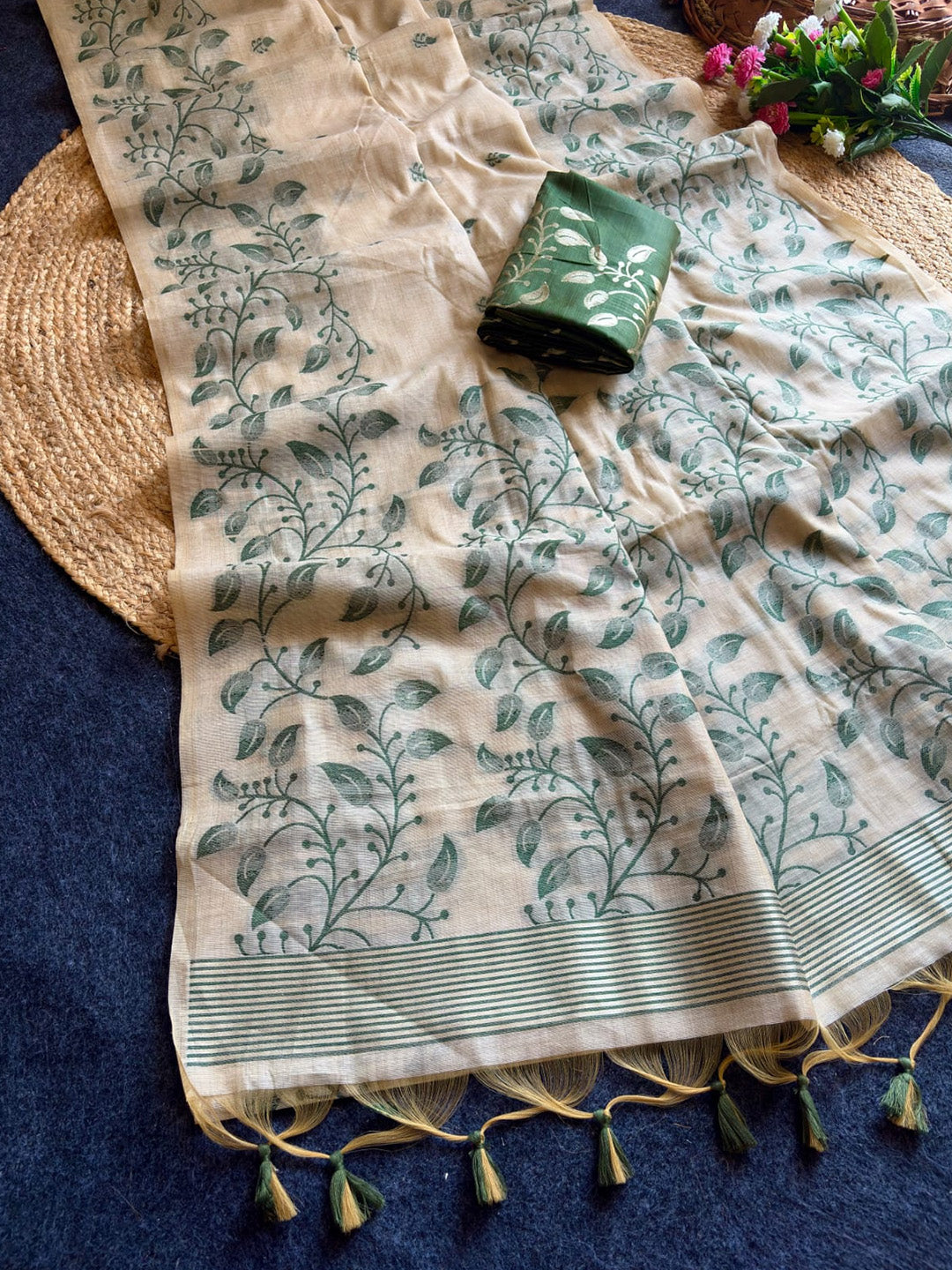 Green Premium Soft Matka Cotton with Jamdani Concept Saree