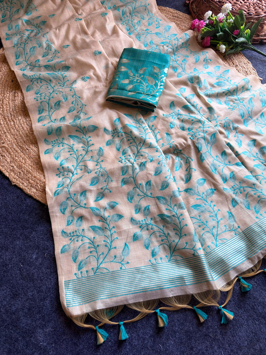 Sky Blue Premium Soft Matka Cotton with Jamdani Concept Saree