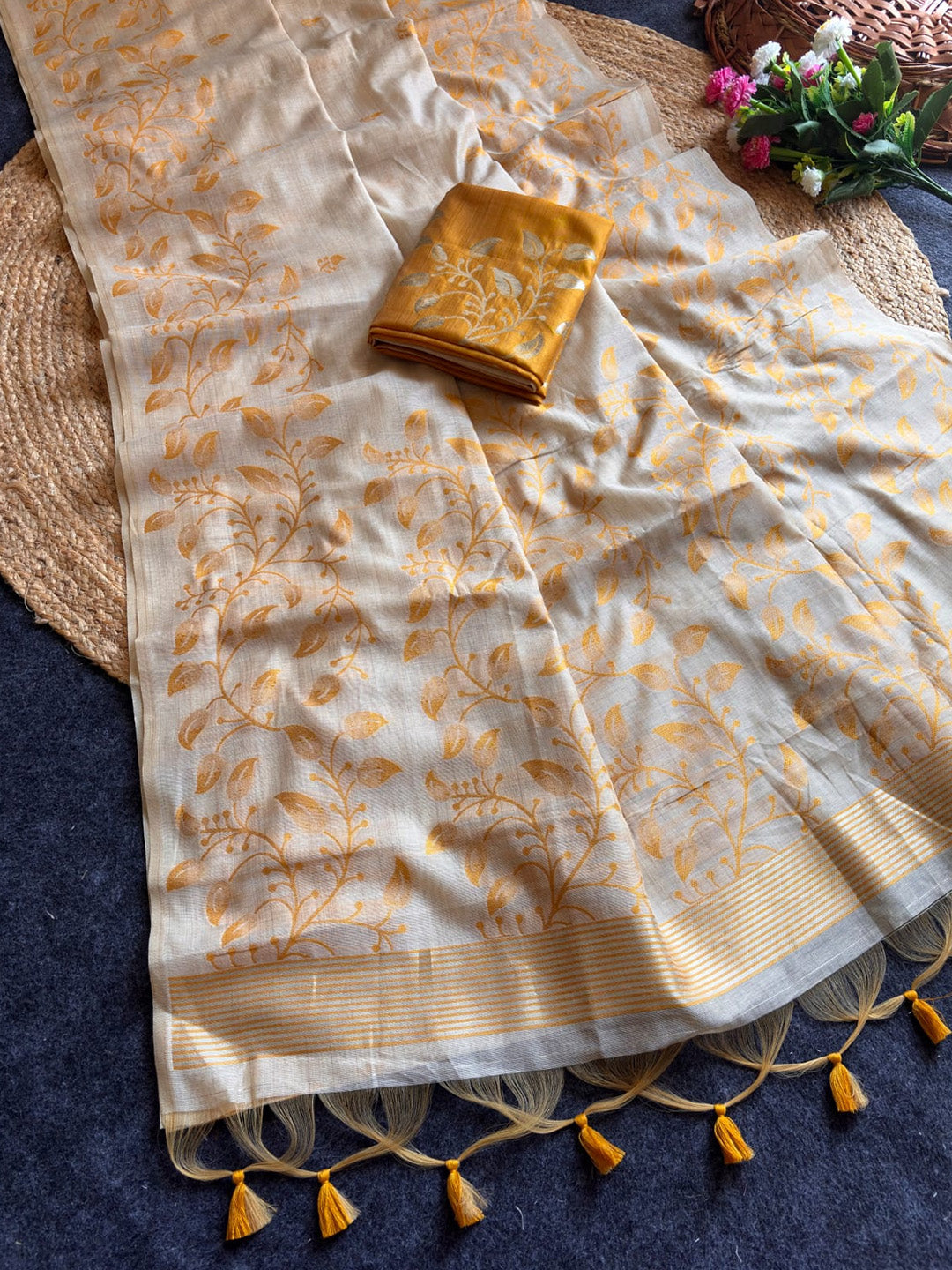 Yelllow Premium Soft Matka Cotton with Jamdani Concept Saree