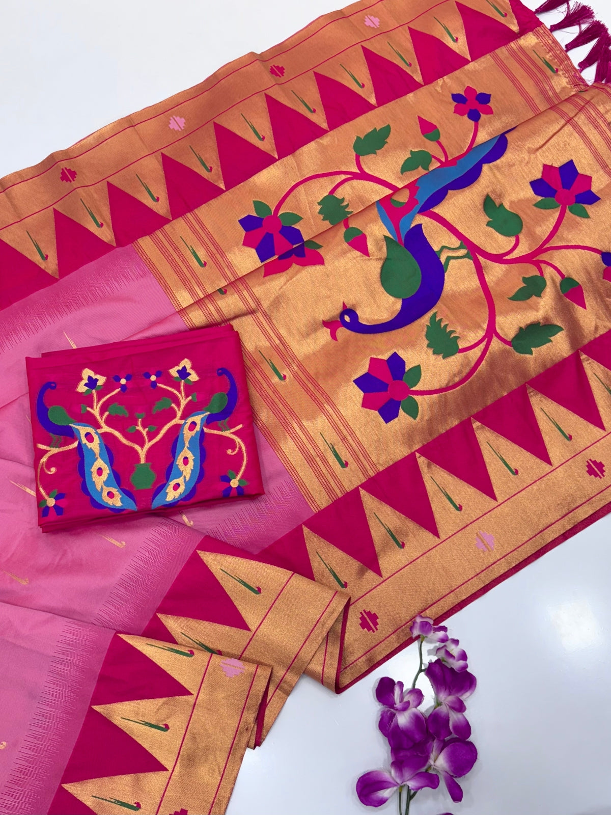 Pink Vidya Balan Inspired Muniya Temple Paithani Silk Saree
