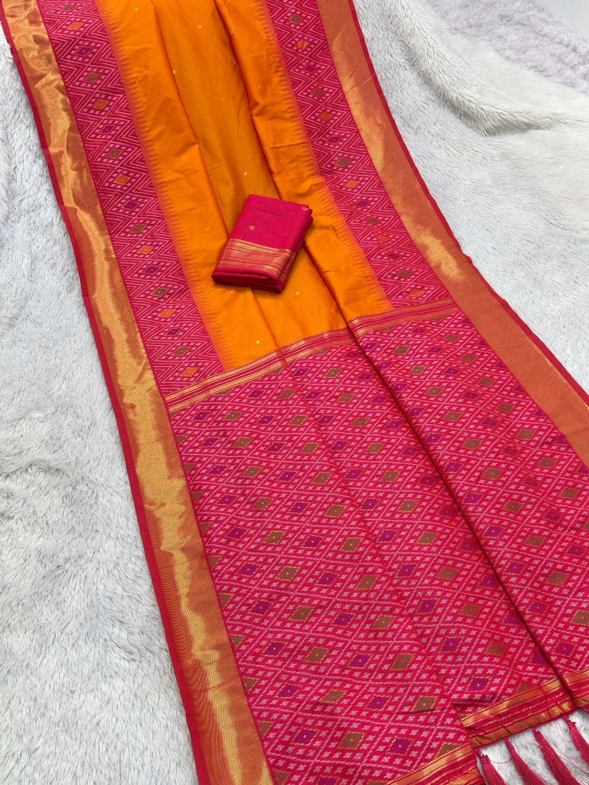 Orange Soft Ikkat Pochampally Patola Silk Zari Woven Saree