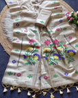 White Premium Flora Tussar Silk Resham Paithani Saree