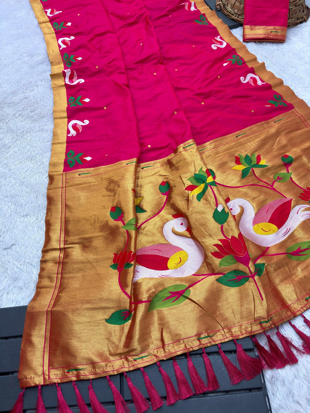Rani Pink Soft Paithani Silk Saree with Swan Concept Saree
