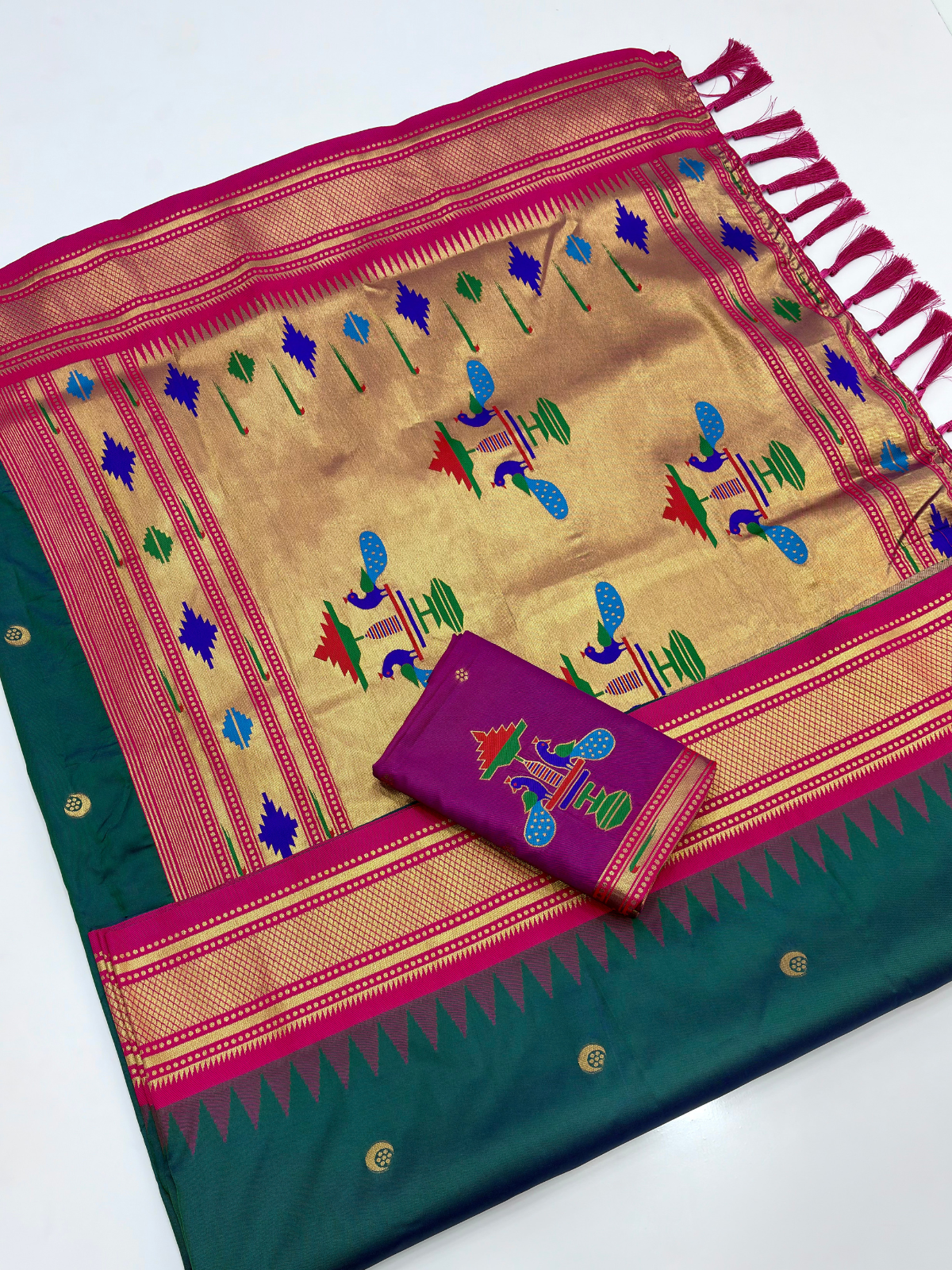 Peacock Blue Premium Traditional Maharani Paithani Silk Saree
