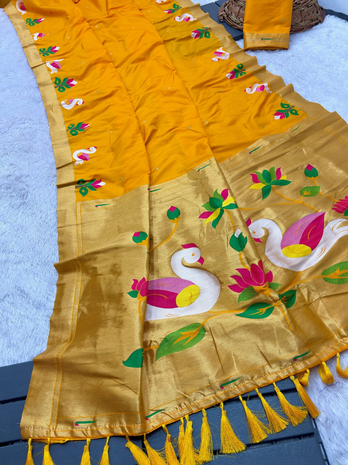 Gold Soft Paithani Silk Saree with Swan Concept Saree