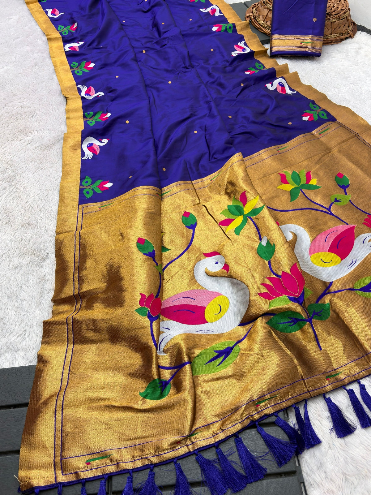 Violet Soft Paithani Silk Saree with Swan Concept Saree
