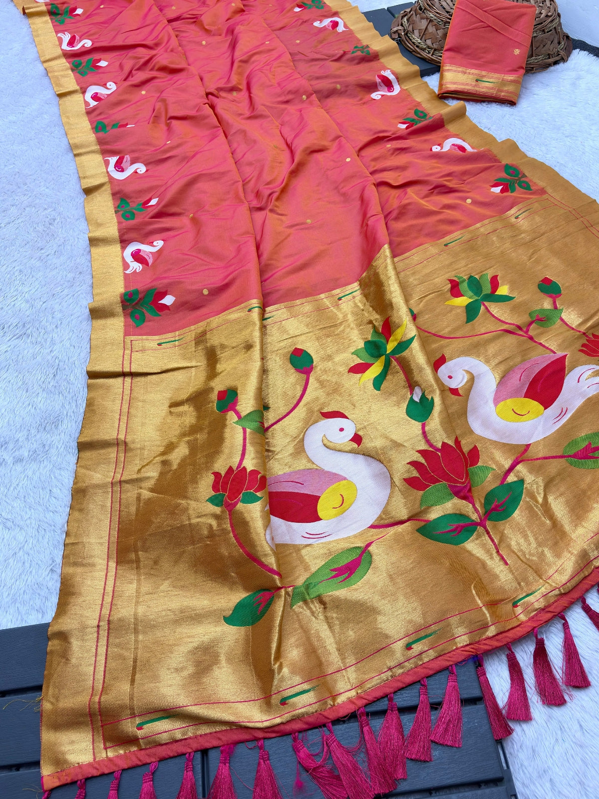 Peach Soft Paithani Silk Saree with Swan Concept Saree