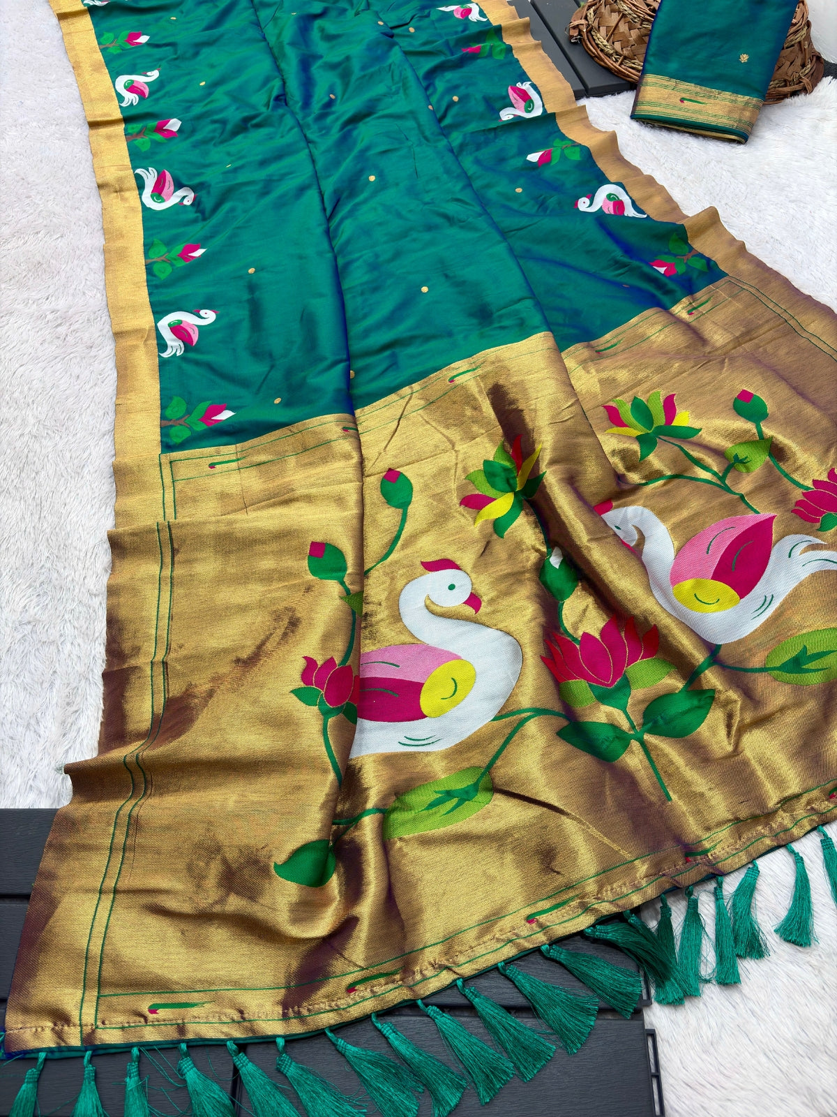 Peacock Blue Soft Paithani Silk Saree with Swan Concept Saree