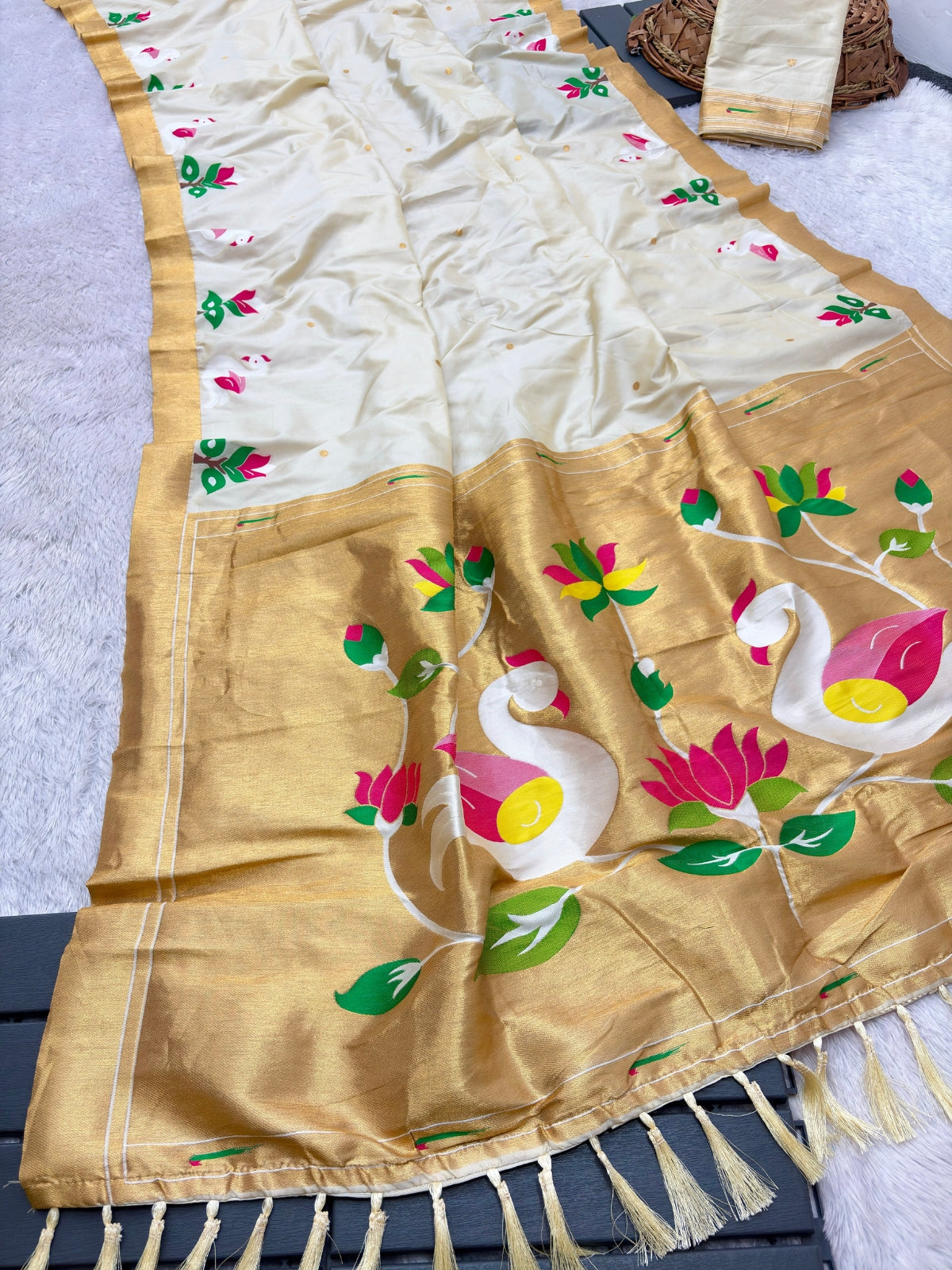 Cream Soft Paithani Silk Saree with Swan Concept Saree