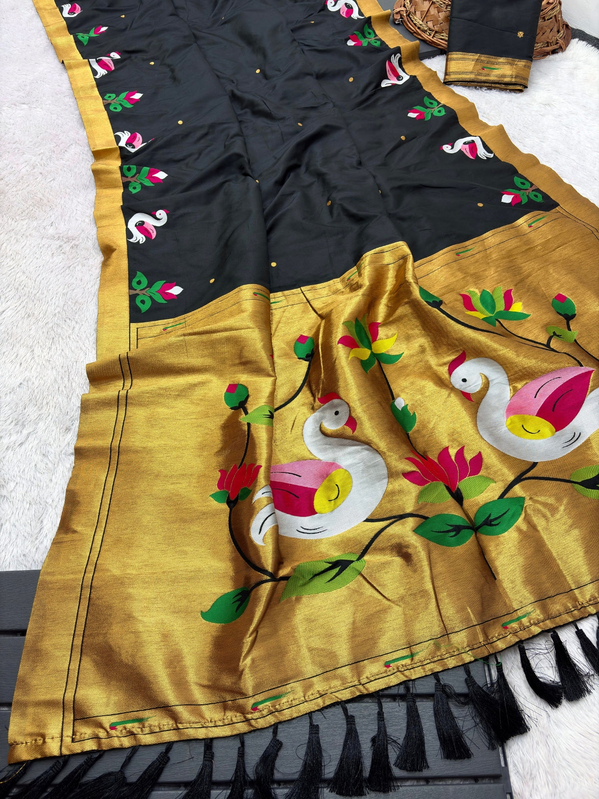 Black Soft Paithani Silk Saree with Swan Concept Saree