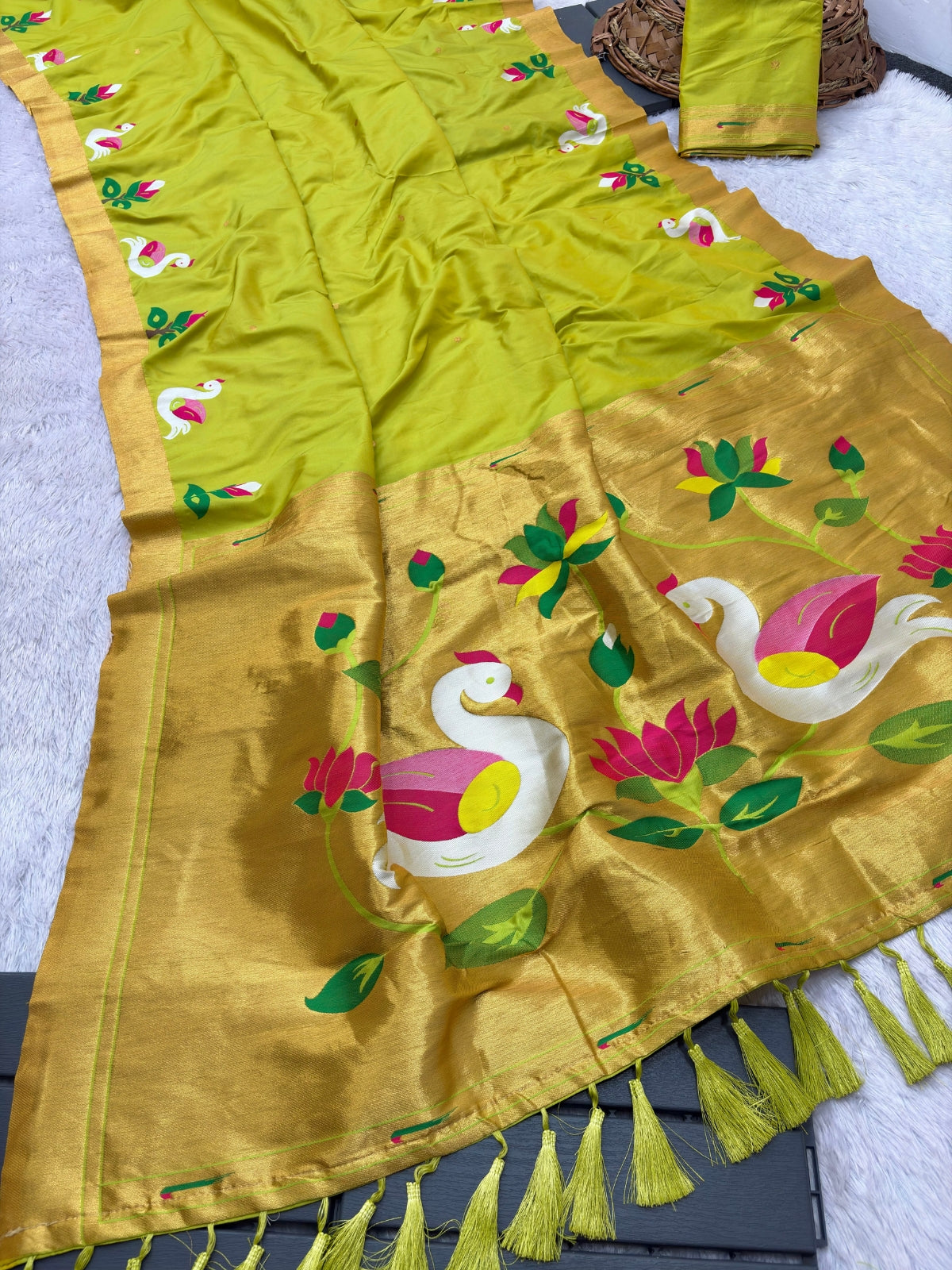 Mehendi Green Soft Paithani Silk Saree with Swan Concept Saree