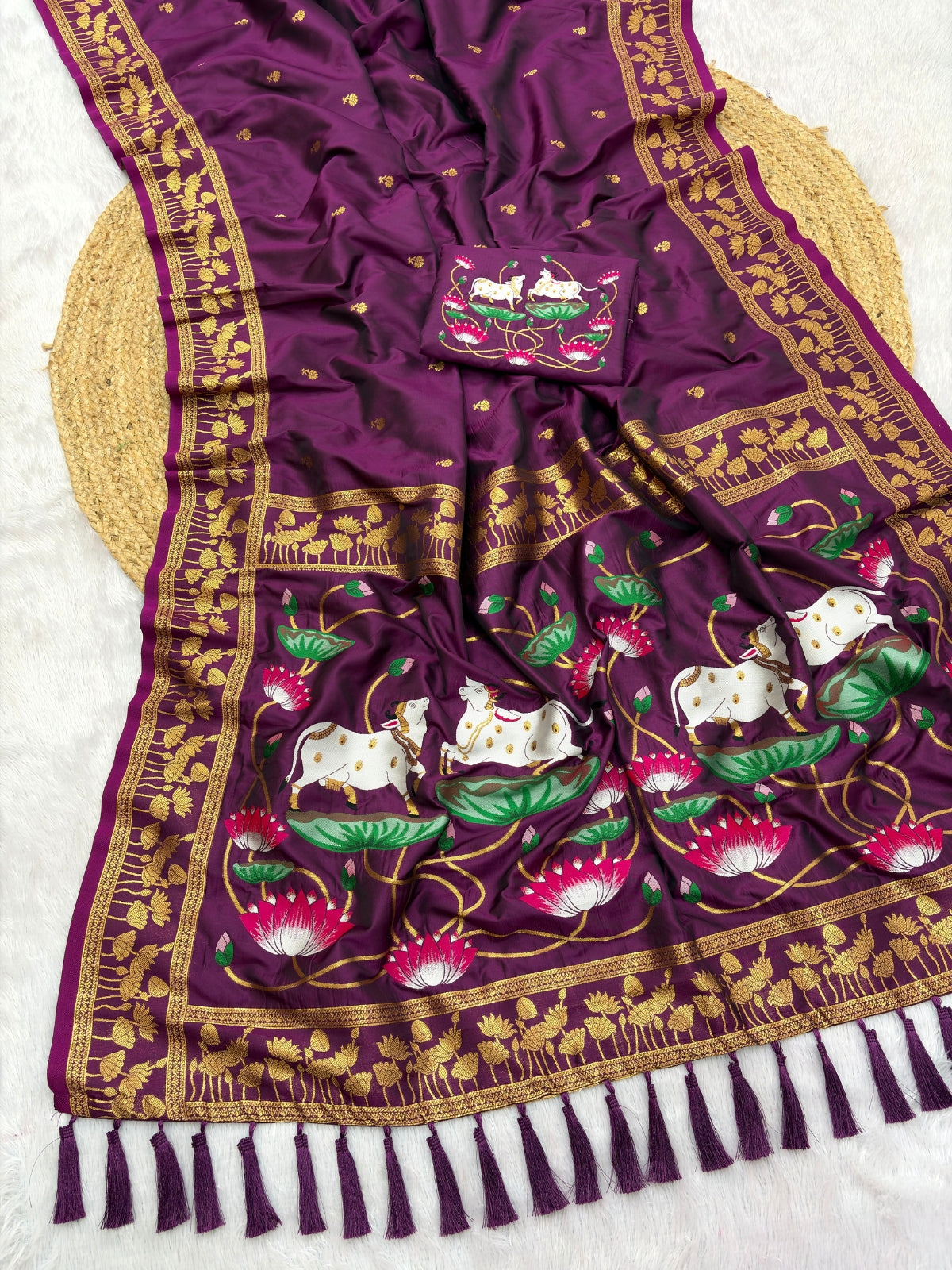 Wine Soft Zari Woven Saree with Lotus Pichwai Concept Pallu